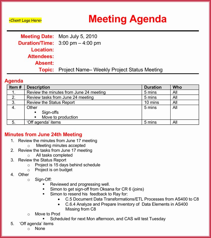 Project Status Meeting Agenda New Weekly Meeting Agenda Template 9 Samples formats In