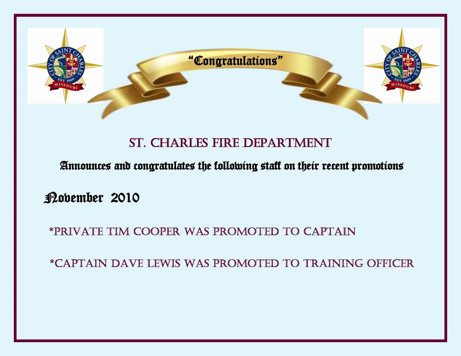 Promotion Announcement Letters New St Charles Fire Department Promotion Announcement