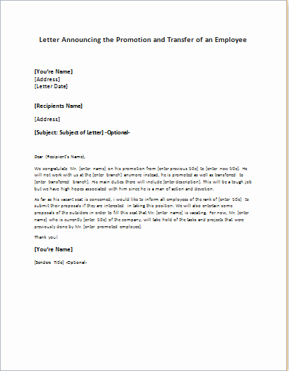 Promotion Announcement Template Elegant Promotion and Transfer Announcement Letter