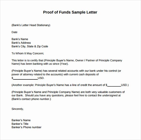 Proof Of Funds Letter Elegant Sample Proof Of Funds Letter 7 Download Free Documents