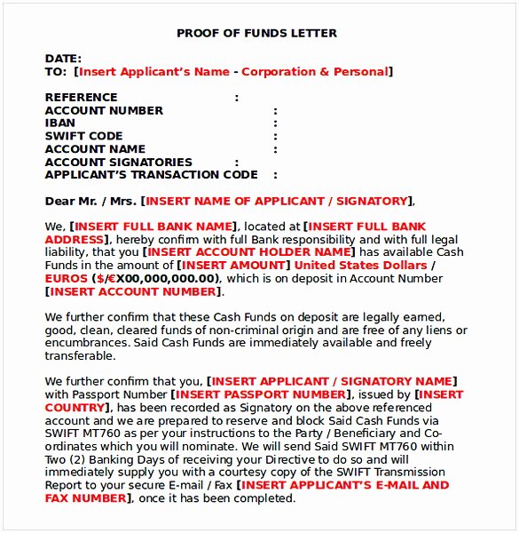 Proof Of Funds Letter Template Awesome Proof Of Funds Letter Sample