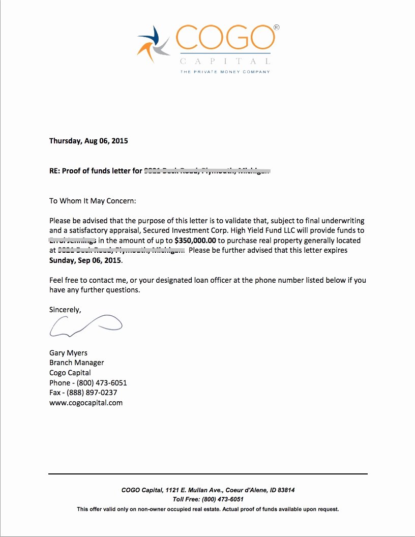 Proof Of Funds Letter Template Lovely Proof Funds Letter