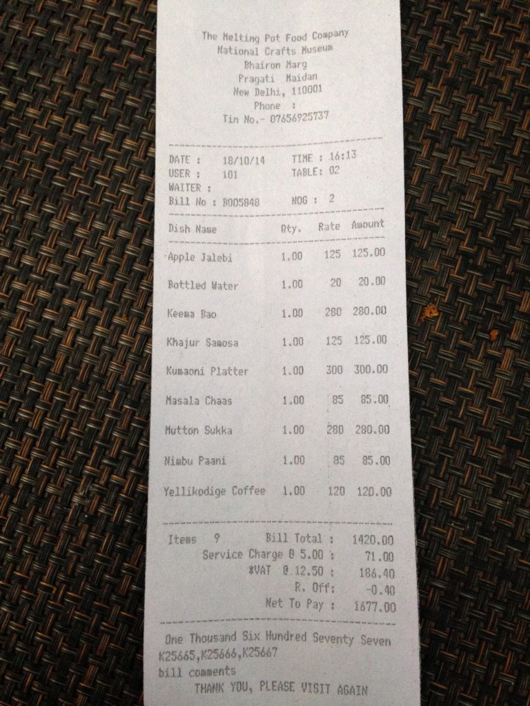 Proof Of Receipt Luxury Cafe Lota National Crafts Museum Bhairon Marg Pragati