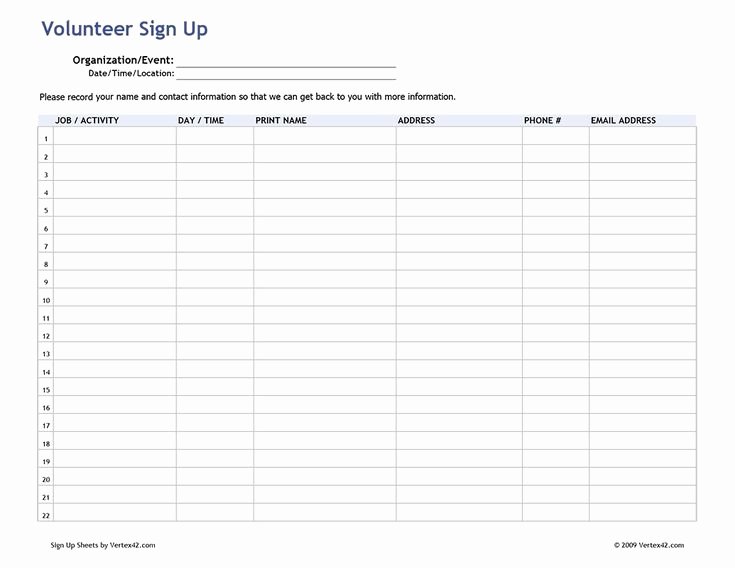 Pto Sign Up Sheet Template Elegant Free Printable Volunteer Sign Up Sheet Pdf From Vertex42