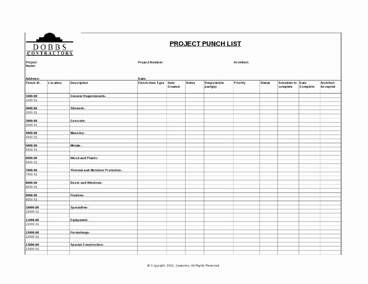 Punch List Template Excel Inspirational Sample Construction Punch List Template Word Trainingable