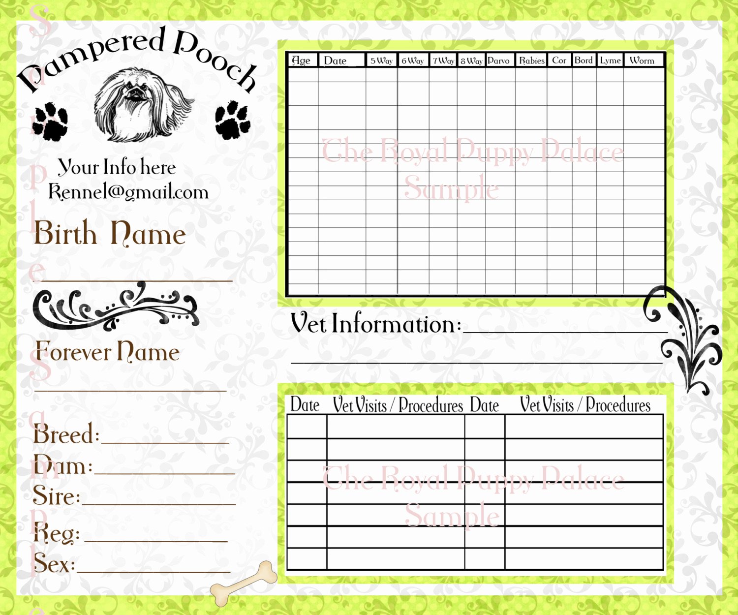 Puppy Record Template New Pampered Pooch Green Customizable Vaccination Cards for Dog