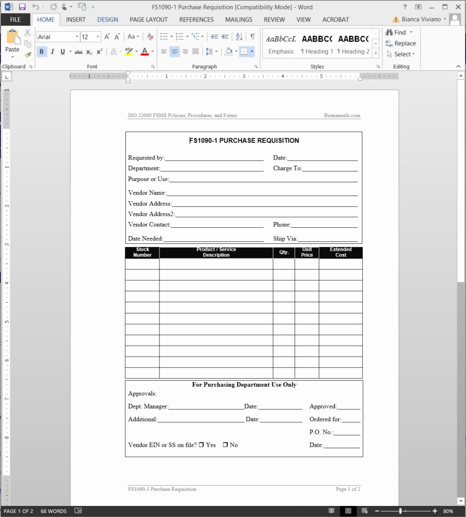 Purchase Request form Template Best Of Fsms Purchase Requisition Template