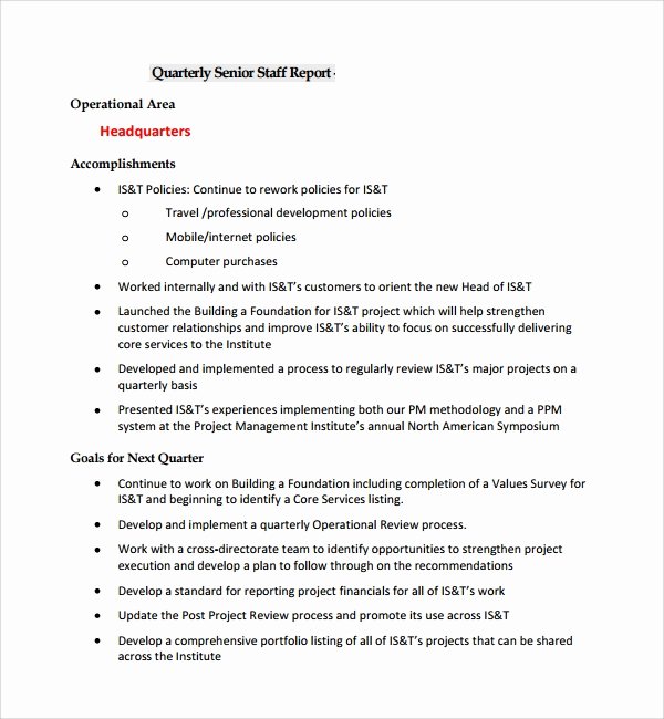 Quarterly Report Example New Sample Project Quarterly Report Template 8 Free