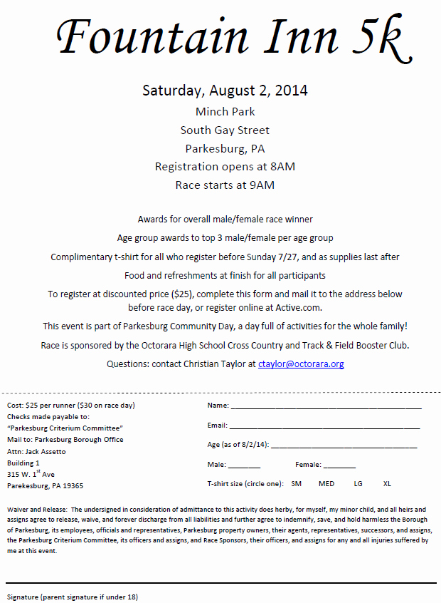 Race Registration form Awesome Octorara Booster Club Sponsored Race Through Parkesburg