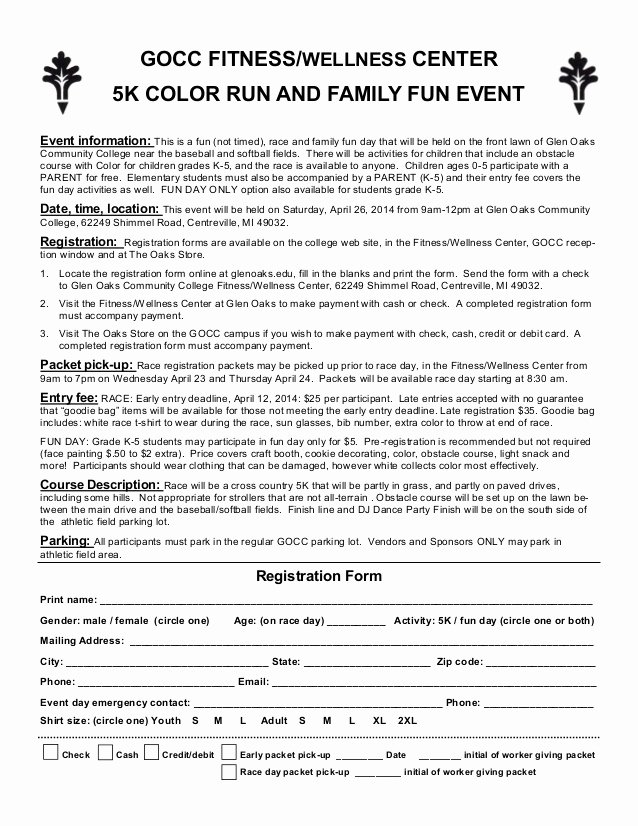 Race Registration form Beautiful Color Run Entry form