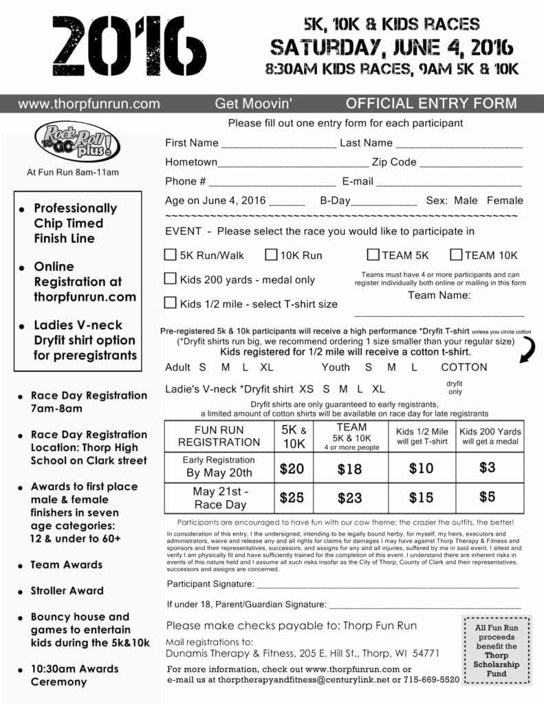 Race Registration form Inspirational 2016 Thorp Fun Run Paper Registration form