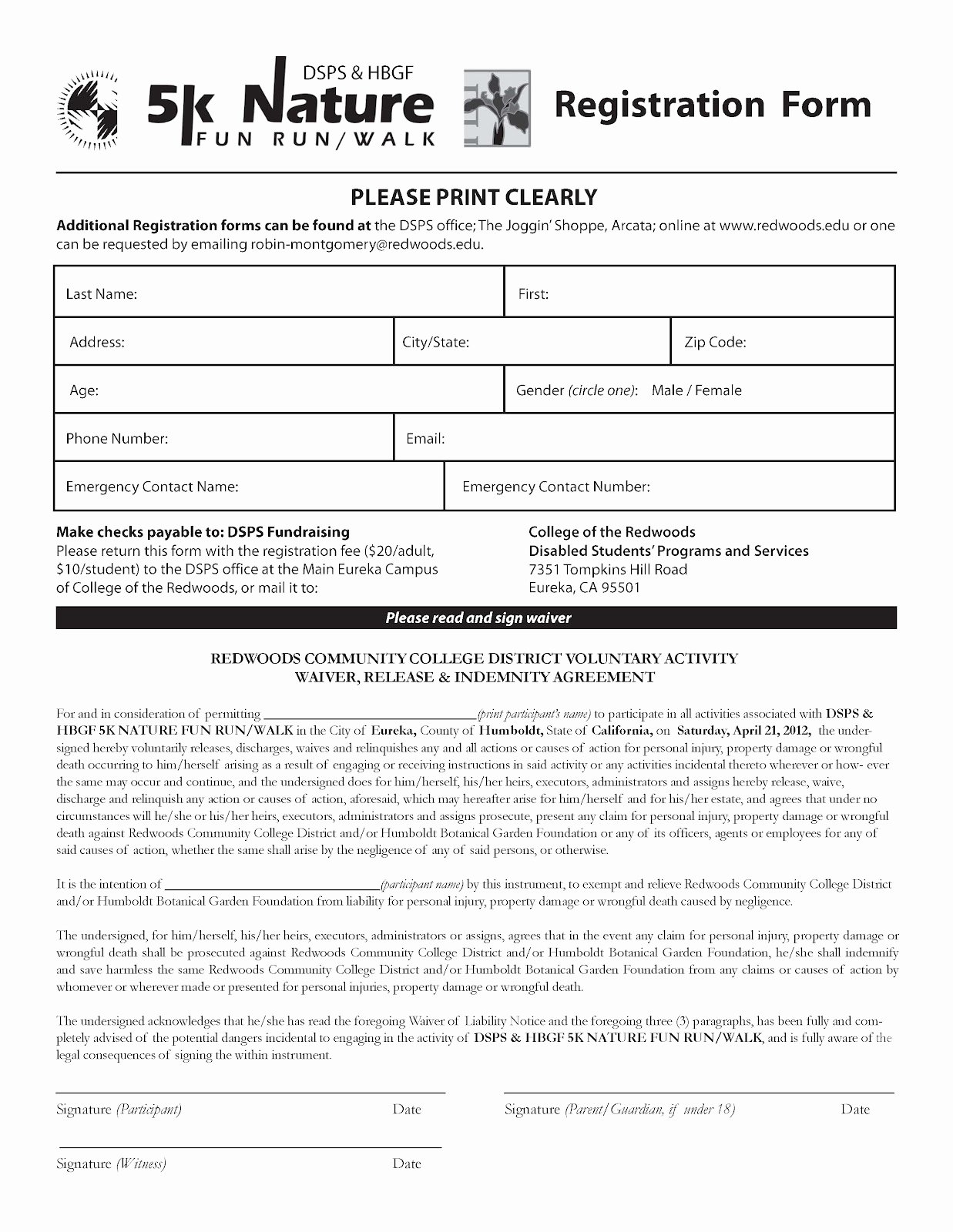 Race Registration form Unique Humbot 5k Nature Fun Run Walk April 21st