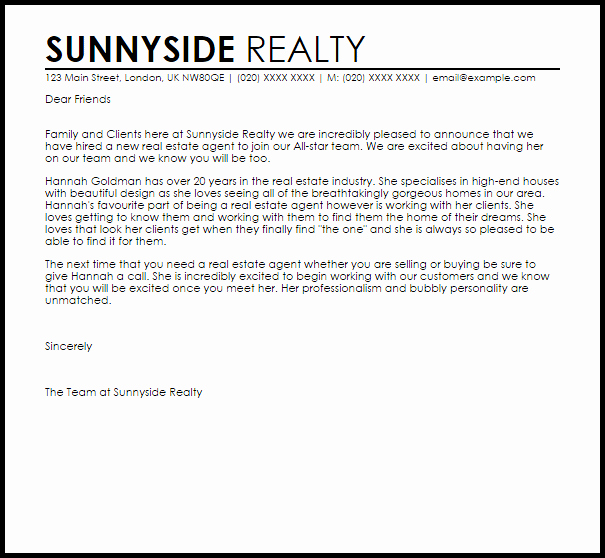 Real Estate Agent Introduction Letter Beautiful Letter New Job Announcement Real Estate Agent Thank You