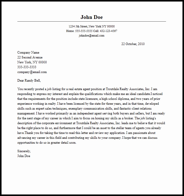 Real Estate Agent Introduction Letter Fresh Professional Real Estate Agent Cover Letter Sample