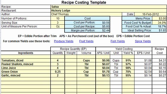 Recipe Cost Card Template Luxury Excel Recipe Costing Template Example