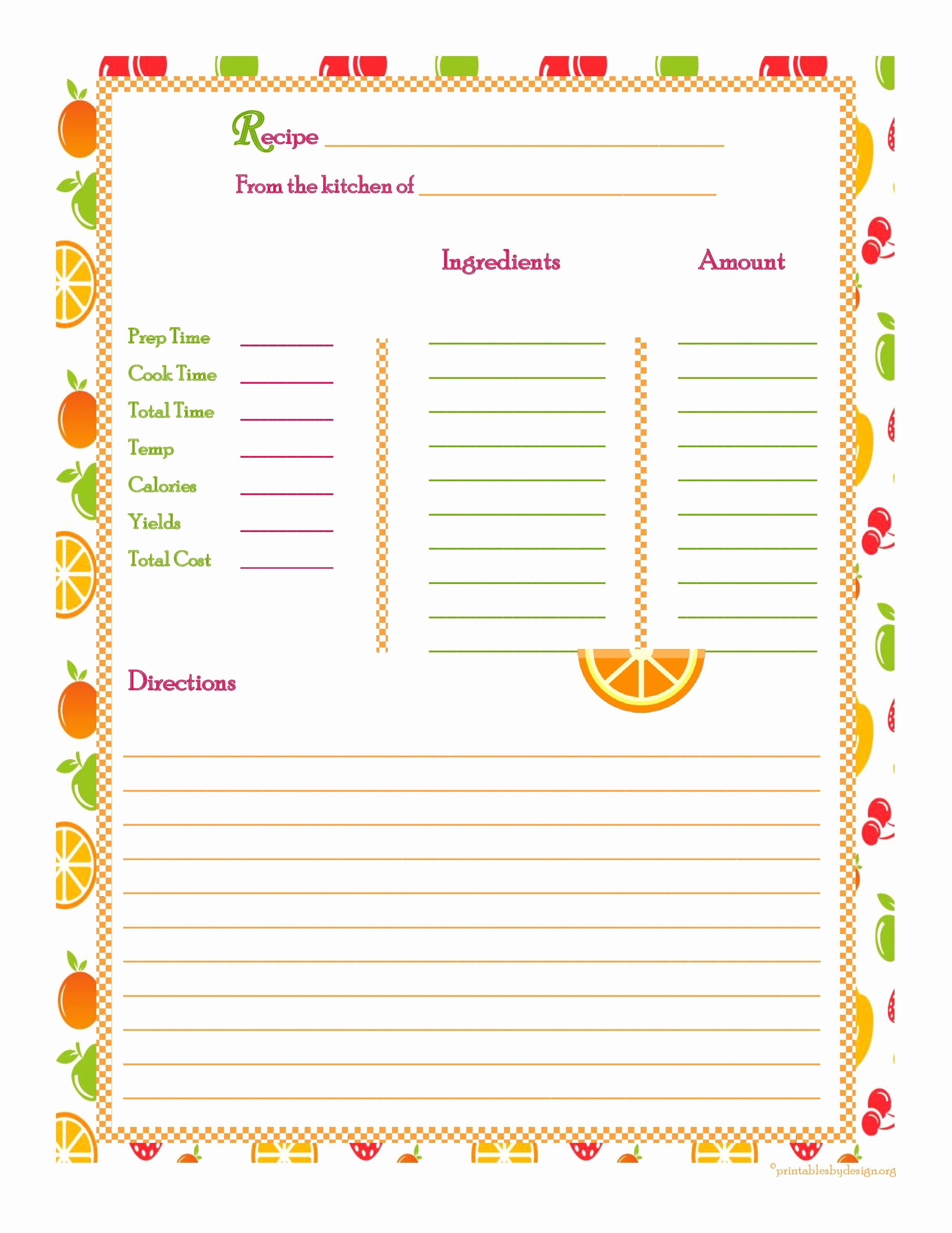 Recipe Cost Card Template Luxury orange Cherry Apple Background Recipe Card Full Page