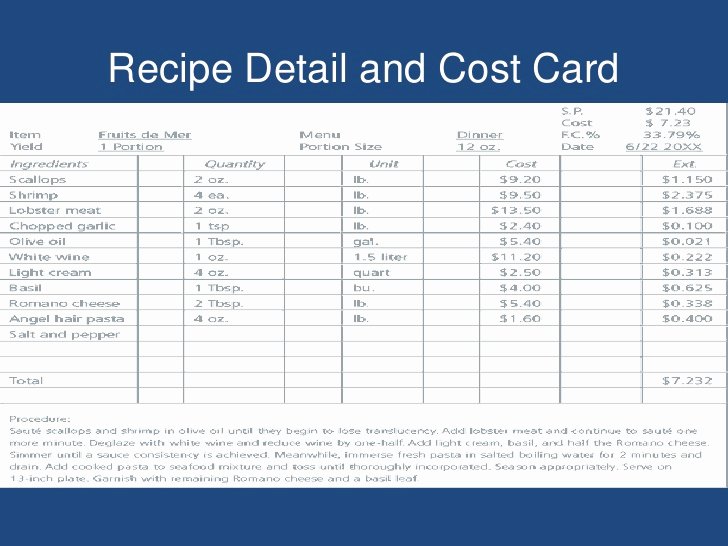 Recipe Cost Card Template New Food Production Control I