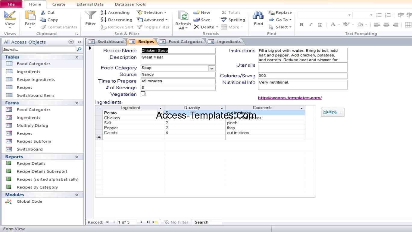 Recipe Template Excel New Microsoft Access Food Recipe Database Templates Example