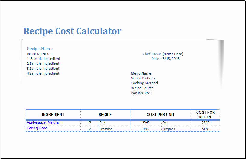 Recipe Template Excel New Recipe Cost Calculator Template for Excel
