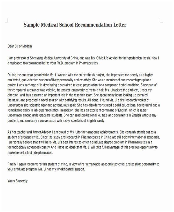 Recommendation Letter for Medical assistant Awesome 8 Medical School Re Mendation Letter Free Sample