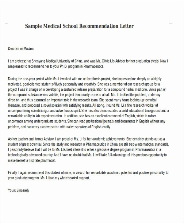 Recommendation Letter for Medical assistant Awesome 8 Medical School Re Mendation Letter Free Sample