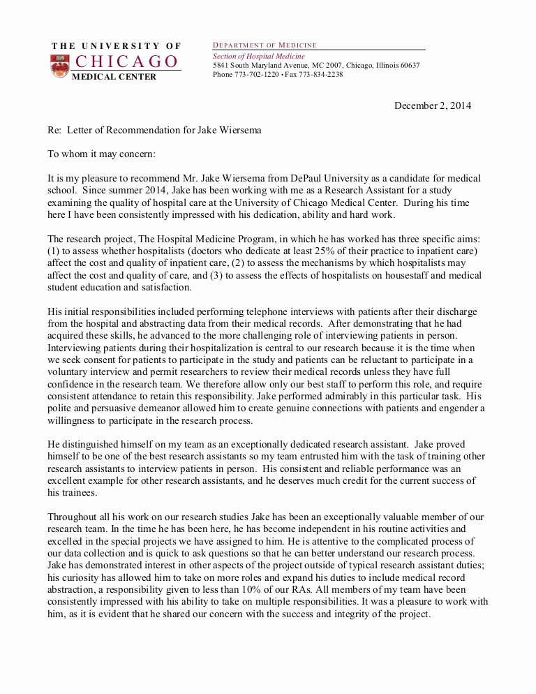Recommendation Letter for Medical assistant New Jake Wiersema Letter Of Re Mendation Medical School