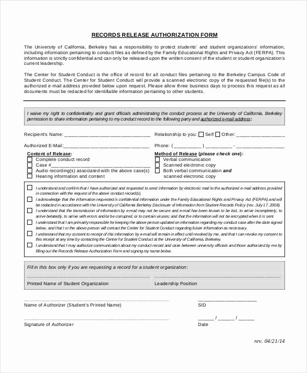 Records Release form Fresh 12 Release Authorization form Samples Free Samples