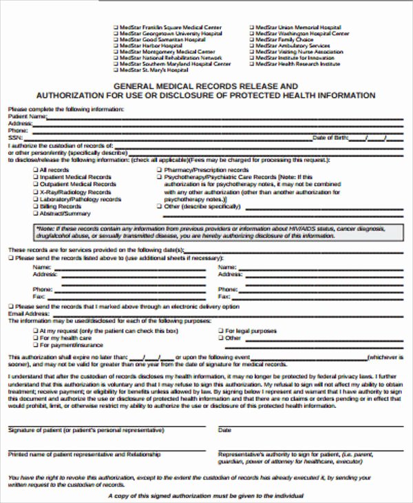 Records Release form Unique Medical Record Release form Sample 9 Examples In Word Pdf