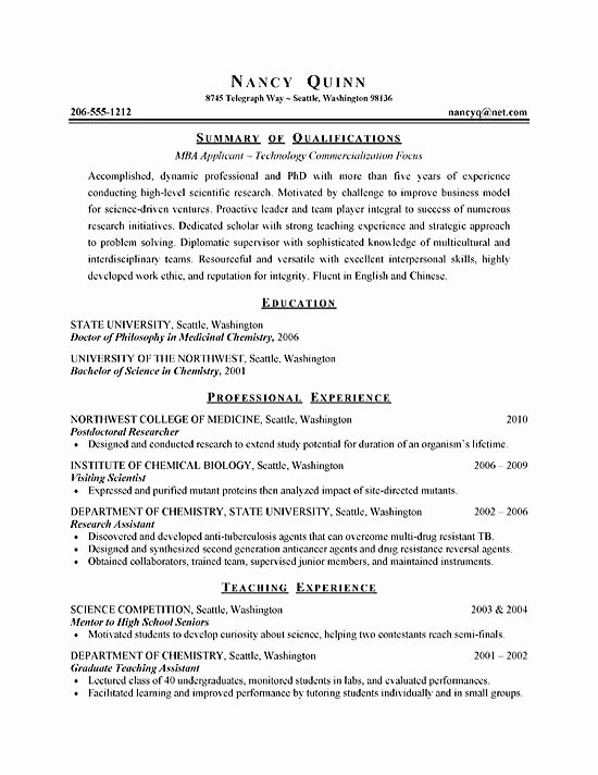 Reentering the Workforce Resume Examples Elegant Graduate Student Resume Example Sample