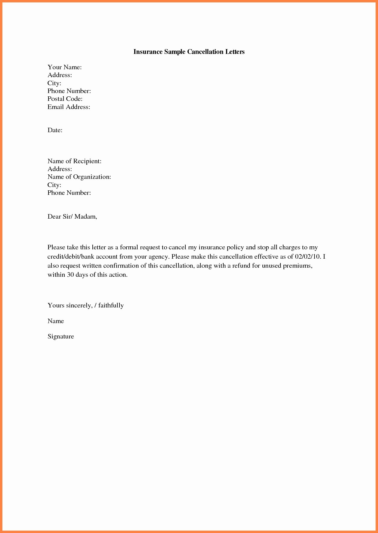 Refund Letter Templates Fresh Insurance Cancellation Letter format