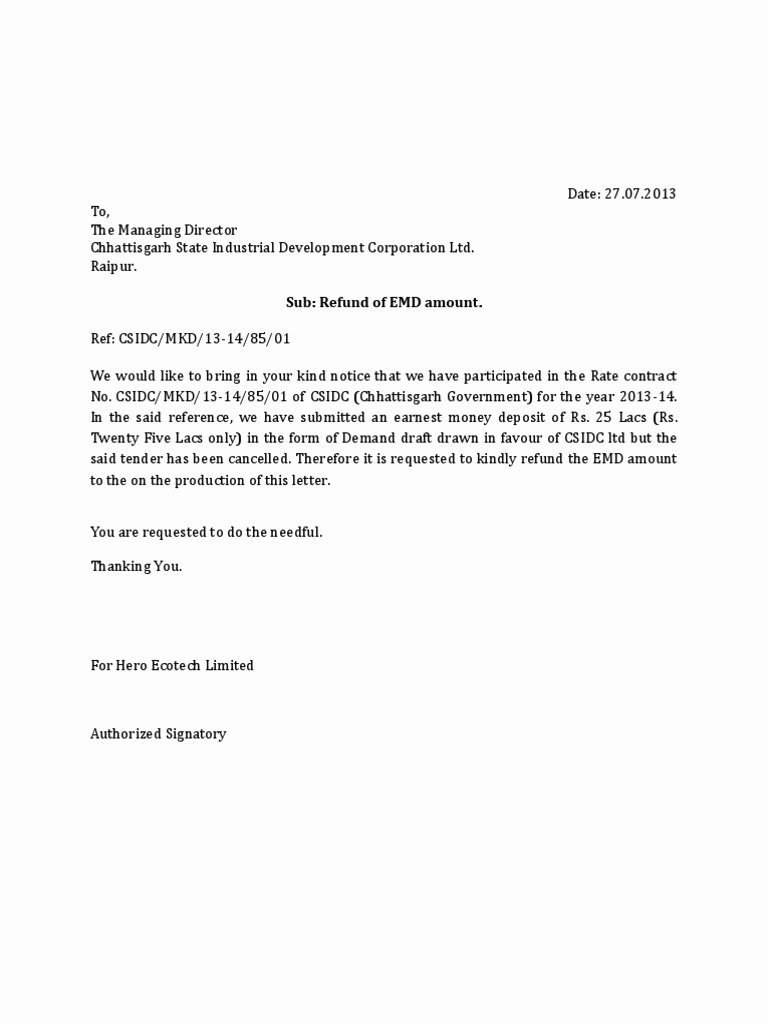 Refund Letter Templates Inspirational Letter for Refund Of Emd