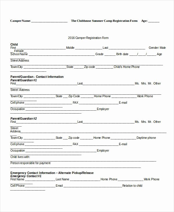 Registration form Template Word Free Fresh Camp Registration form Template Invitation Template