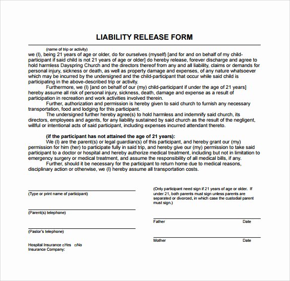 Release Of Liability Template Free Beautiful Sample Liability Release form Examples 9 Download Free