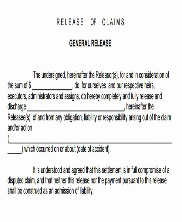 Release Of Liability Template Free Lovely Sample General Liability Release form 7 Examples In