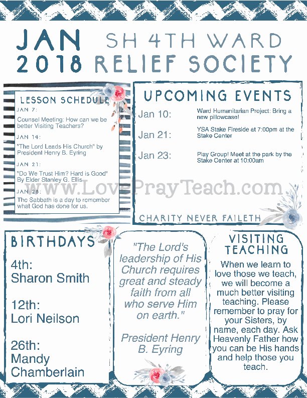 Relief society Newsletters Fresh January 2018 Relief society Newsletter and Lesson Calendar