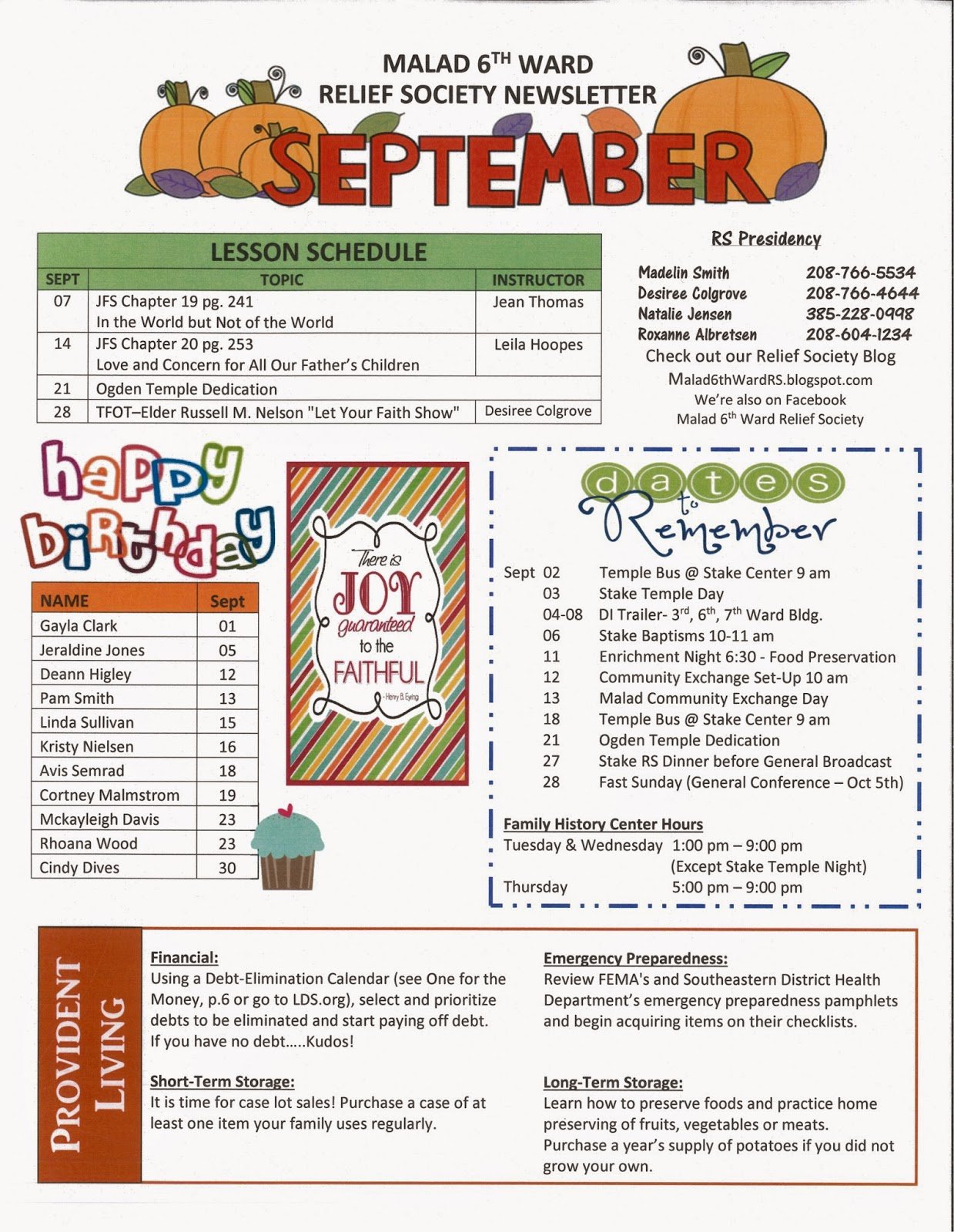 Relief society Newsletters New Malad 6th Ward Relief society Blog September Newsletter