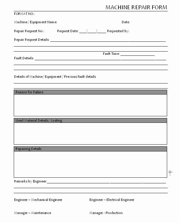 Repair Report Template Best Of Machine Repair form format Samples