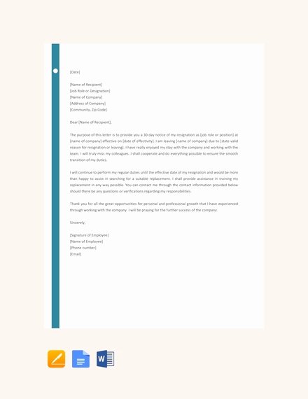 Resignation Letter 30 Days Notice Beautiful 6 Resignation Letter with 30 Day Notice Template Pdf