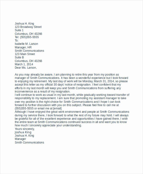 Resignation Letter 30 Days Notice Best Of 54 formal Letter Examples and Samples Pdf Doc