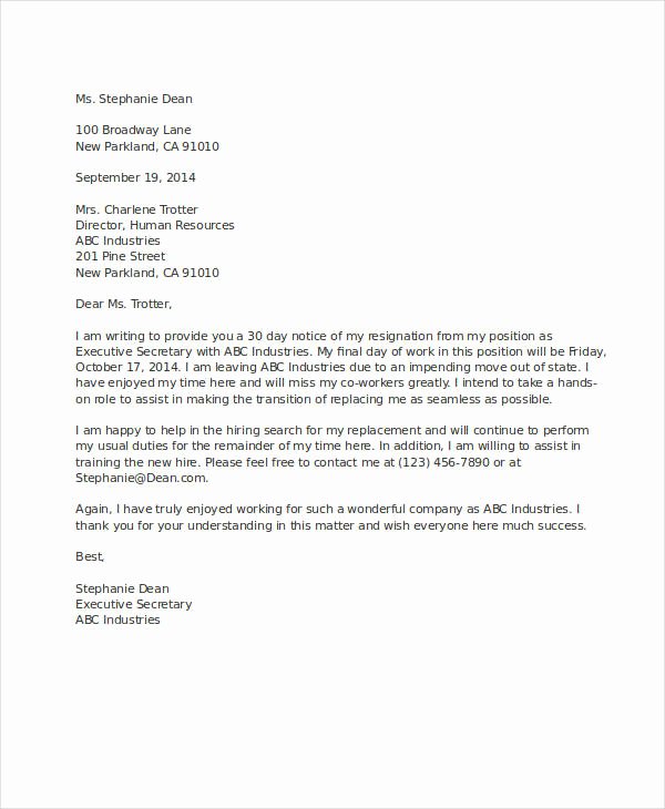 Resignation Letter 30 Days Notice Fresh 6 Resignation Letter with 30 Day Notice Template Pdf