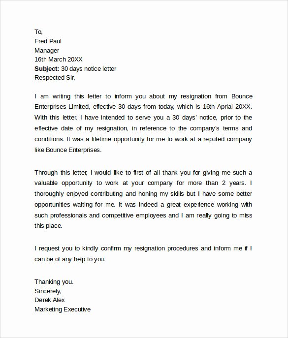 Resignation Letter 30 Days Notice Fresh 8 Sample 30 Day Notice Letter Templates Download for Free