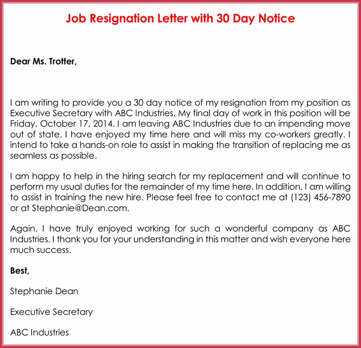 Resignation Letter 30 Days Notice Luxury 30 Day Notice Letter Templates 12 Samples In Word &amp; Pdf