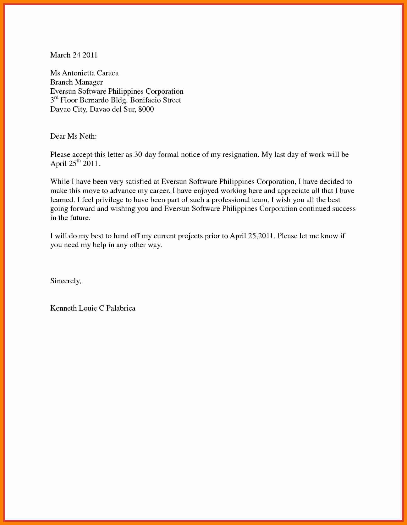 Resignation Letter 30 Days Notice Unique 9 Resignation Letter 30 Days Notice