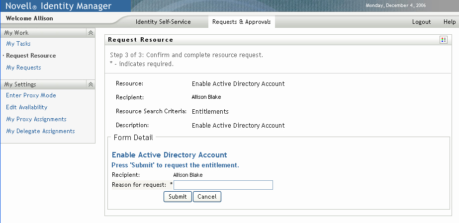 Resource Request form Luxury Novell Doc Identity Manager 3 5 1 User Application User