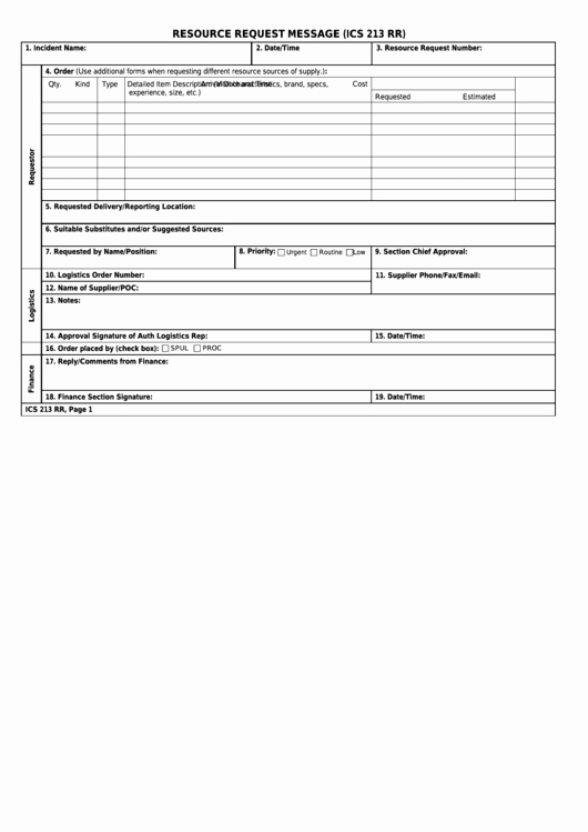 Resource Request form New Fillable form Ics 213 Rr Resource Request Message