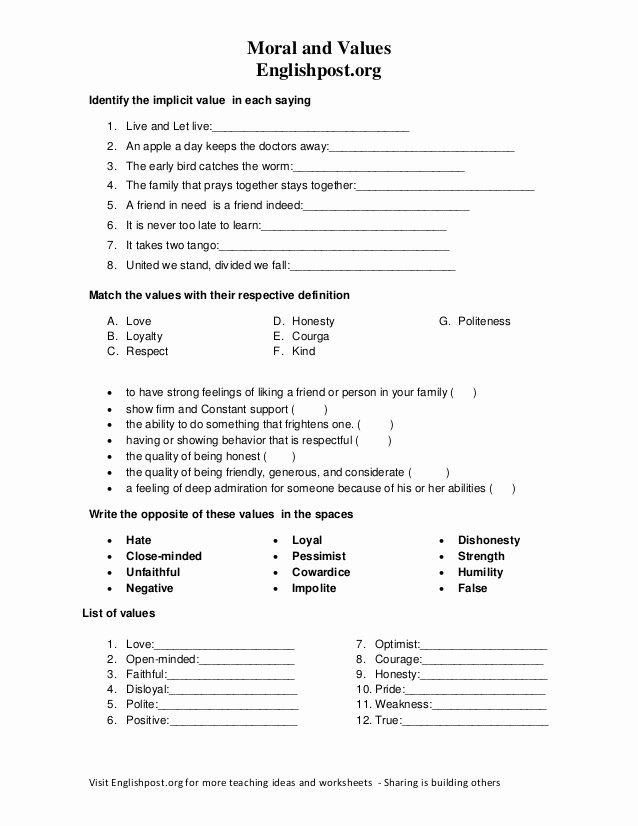 Respecting Others Property Worksheet Lovely Moral and Values Worksheet Englishpost
