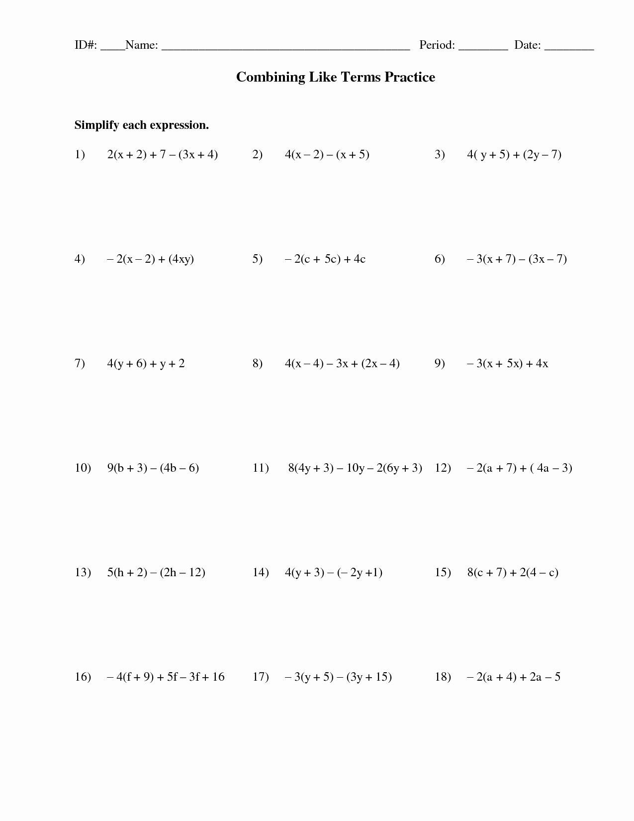 Respecting Others Property Worksheet Luxury 13 Best Of Algebra Bining Like Terms Worksheets