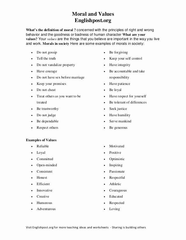 Respecting Others Property Worksheet New Moral and Values Worksheet Englishpost