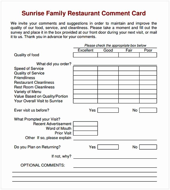 Restaurant Comment Cards Template Awesome Ment Card Template