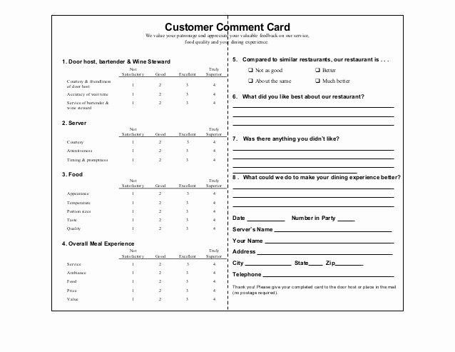 Restaurant Comment Cards Template Beautiful Customer Ment Cards